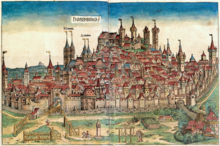 Stromer's paper mill, the building complex at the far right bottom, in the Nuremberg Chronicle of 1493. Due to their noise and smell, papermills were required by medieval law to be erected some distance from the city walls. Nuremberg chronicles - Nuremberga.png