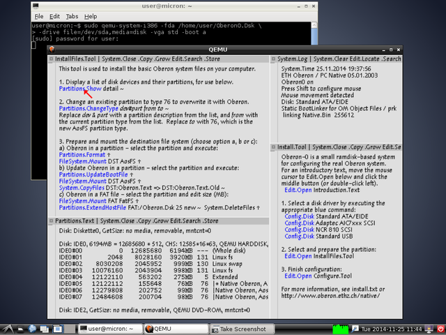 The Oberon0 installer running on QEMU in Debian Wheezy. The presentation of the partition table illustrates the comprehensibility of the system in general.