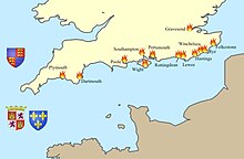 The Franco-Castilian Navy, led by Admirals de Vienne and Tovar, managed to raid the English coasts for the first time since the beginning of the Hundred Years' War. Ofensivas Tovar-Vienne contra Inglaterra 01.jpg