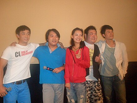 Cast members and crew of the film The University Days of a Dog – Left to right, they are Zhao Yinglong, Lu Zhengyu [zh] (director), Lin Yuan [zh], Qian Zhijun, and Deng Zifei [zh] – Jinling Worker's Theater in Nanjing