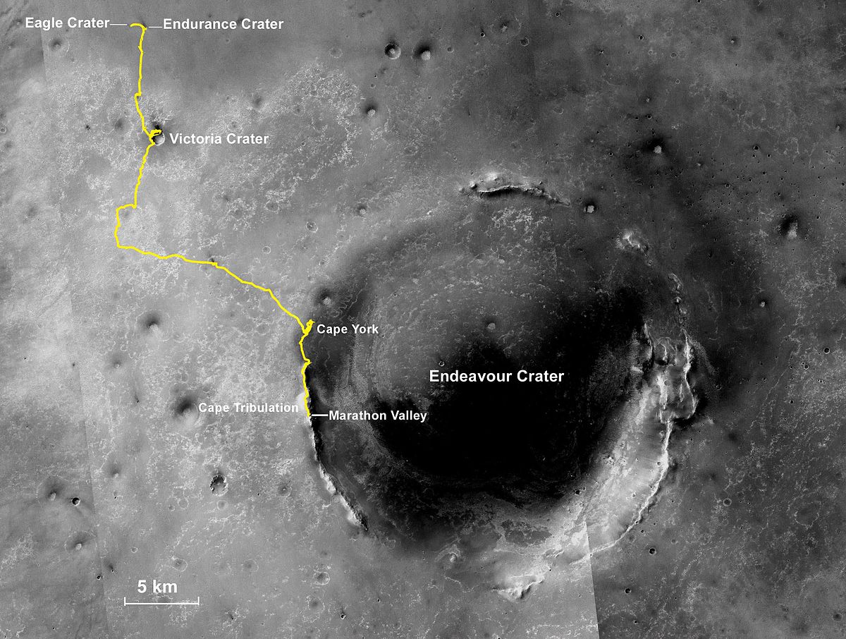 Opportunity's traverse up to March 2015 from its landing site to Endeavour crater. It has traversed south along the Western rim and orbiting spacecraft have help collect data on the rim, which in turn allows the rover to more closely investigate. The rover reached part way through Cape Tribulation at that time Opportunity Rover's Full Marathon-Length Traverse.jpg