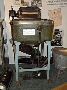 Museum exhibit in Amberley Museum. Hotpoint Maytag 'Gyrofoam' washing machine, circa 1927 OurHoliday 031.JPG