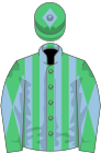 Emerald green and light blue stripes, diabolo on sleeves, emerald green cap, light blue diamond