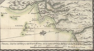 Plano de la ciudad de Panamá, basado en un mapa de 1749 y publicado en 1771, donde se muestra el río Hondo junto con una línea del camino de Cruces cruzándolo.