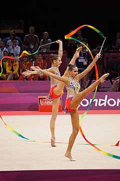 Bliznyuk (left) and Sevastyanova in the 3 Ribbons + 2 Hoops final in 2012 Summer Olympics