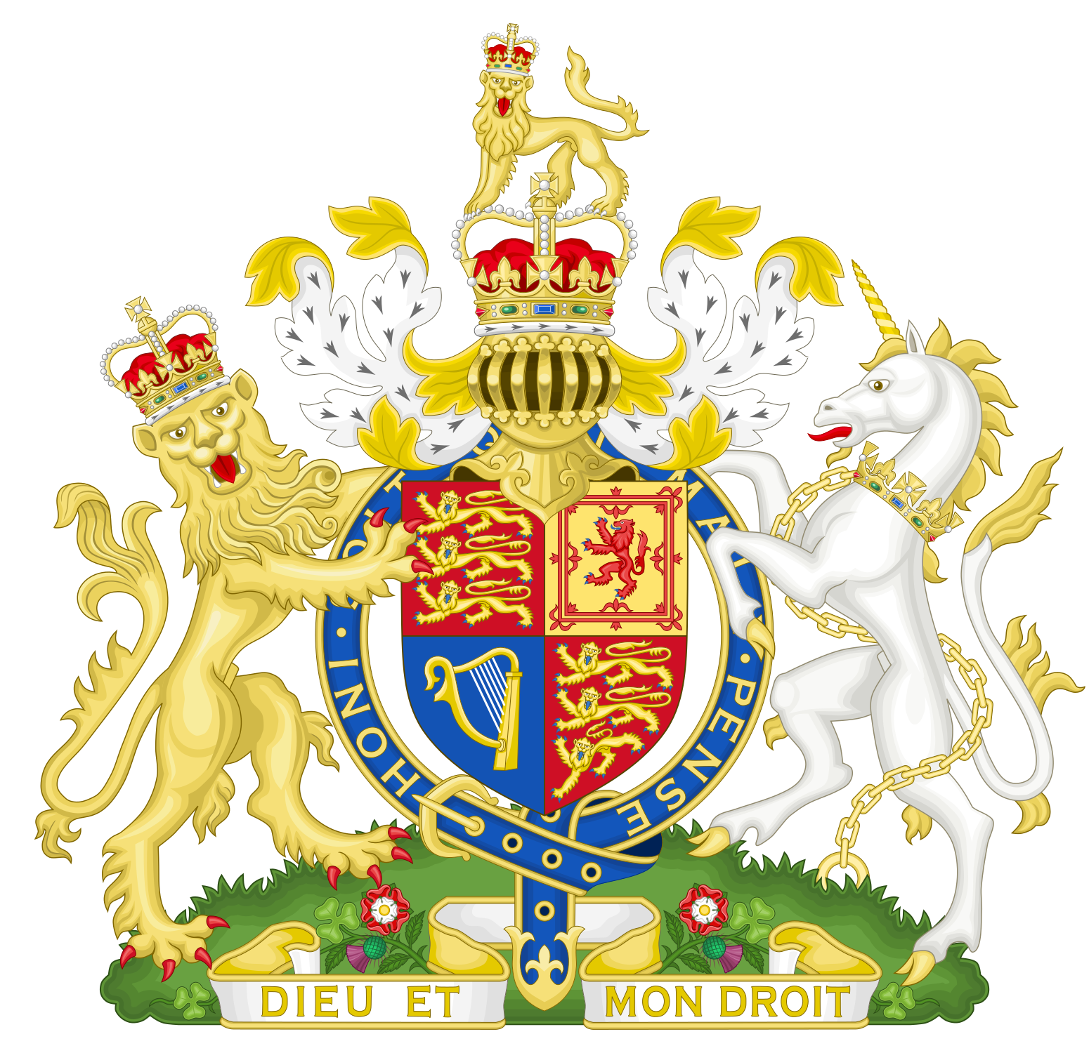 Coat of arms containing shield and crown in centre, flanked by lion and unicorn