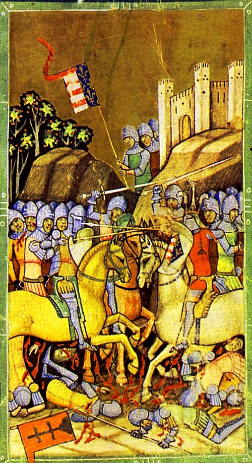 The Battle of Rozgony depicted in the Illuminated Chronicle: in this battle, Charles defeated the sons of Amadeus Aba on 15 June 1312