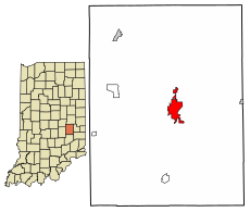 Rush County Indiana Incorporated and Unincorporated areas Rushville Highlighted 1866438.svg