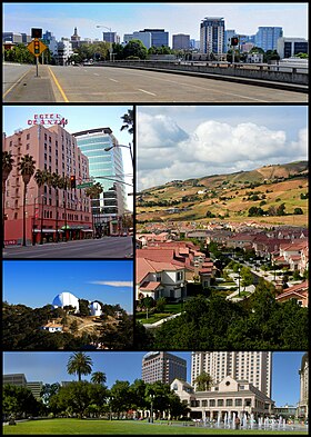 Do topo, da esquerda para a direita: Downtown San Jose, Hotel De Anza, subúrbio do sul de São José, Observatório Lick e Plaza de César Chávez