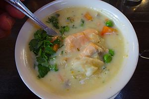 Seafood chowder, a popular dish in Ireland Seafood chowder with pieces of fish.JPG