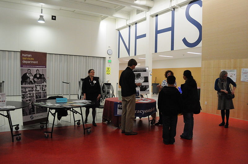 File:Seattle - booths at town meeting at Nathan Hale 01.jpg