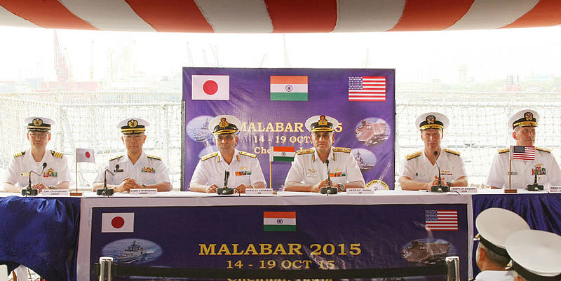 File:Senior Naval officers from India, US and Japan at a Joint Press conference organized in connection with Malabar 2015 on board INS Shivalik.jpg