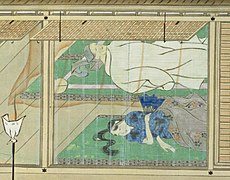 Sleeping on tatami, with no futon, and clothes used as coverings. Early 14th century
