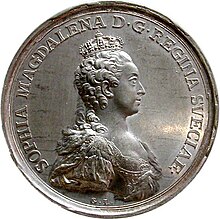 Queen Sophia Magdalene wearing the crown of the Queen of Sweden. Sophia Magdalene of Sweden coin c 1785.jpg