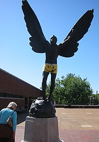 Statue of angel with yellow, smiley underpants. Prank at the University of Virginia.