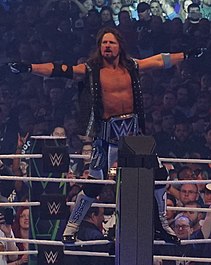 Styles as WWE Champion at WrestleMania 34 in April 2018 Styles WWE Champion WM34 crop.jpg