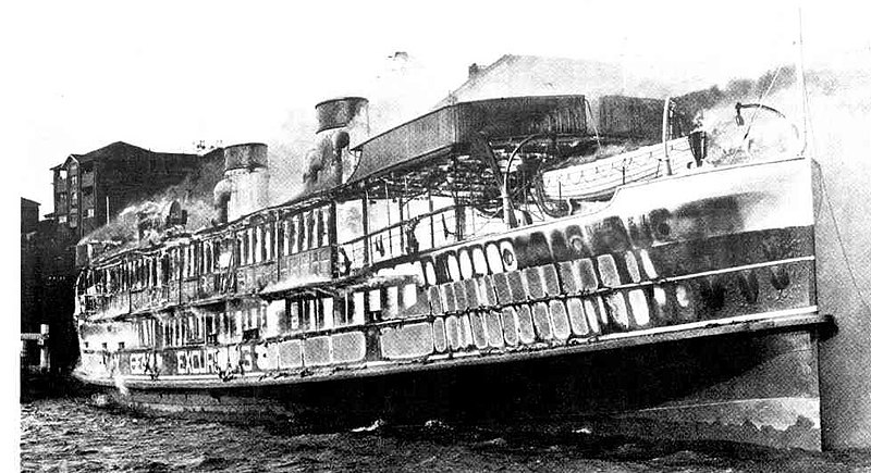 File:Sydney ferry BELLUBERA on fire at Kurraba Point 1936.jpg