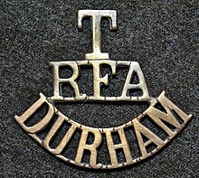 Territorial shoulder title worn by the Northumbrian (County of Durham) Brigades RFA. Territorial shoulder title of the Durham artillery.jpg