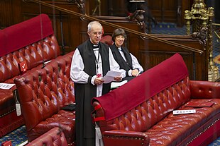 Justin Welby (Archbishop of Canterbury) and Rachel Treweek (Bishop of Gloucester) in the House of Lords in 2021 The Archbishop of Canterbury (51111275839).jpg