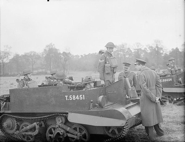 The Duke of Kent inspects Universal Carriers of the 1st Battalion, Queen's Own Royal West Kent Regiment, at Camberley, Surrey, 16 March 1942.