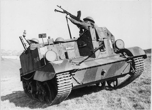 A Universal Carrier Mk I of Ramsey's regiment, with Bren gun mounted for anti-aircraft use (1940)