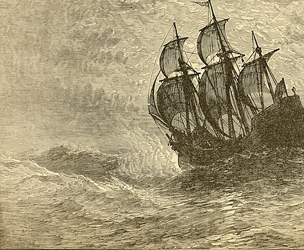 Mayflower at sea, drawing from a book, c 1893