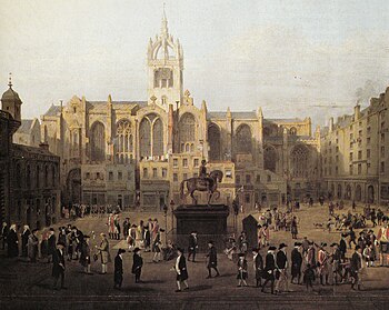 A painting showing Edinburgh characters in Parliament Close in the late 18th century, before the church and Parliament House were re-faced The Parliament Close and Public Characters Fifty Years Since.jpg