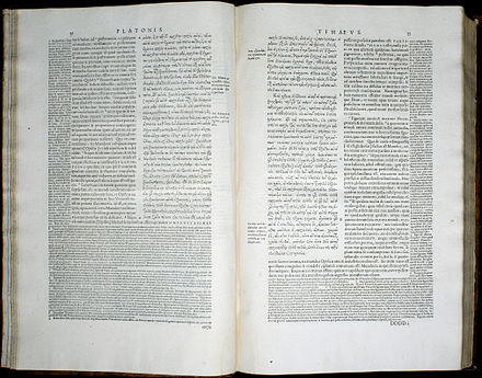 Volume 3, pp. 32–33, of the 1578 Stephanus edition of Plato, showing a passage of Timaeus with the Latin translation and notes of Jean de Serres
