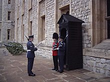 A sentry from the King's Colour Squadron of the Royal Air Force prepares to relieve a Coldstream Guardsman at the Tower of London Towersentries.JPG
