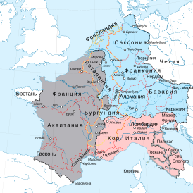 Karolingische Rijk na de verdeling van het koninkrijk Lotharius II door het Verdrag van Meerssen