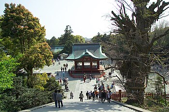 Vista de las escaleras hacia la entrada torii en la Capilla Tsurugaoka Hachiman.