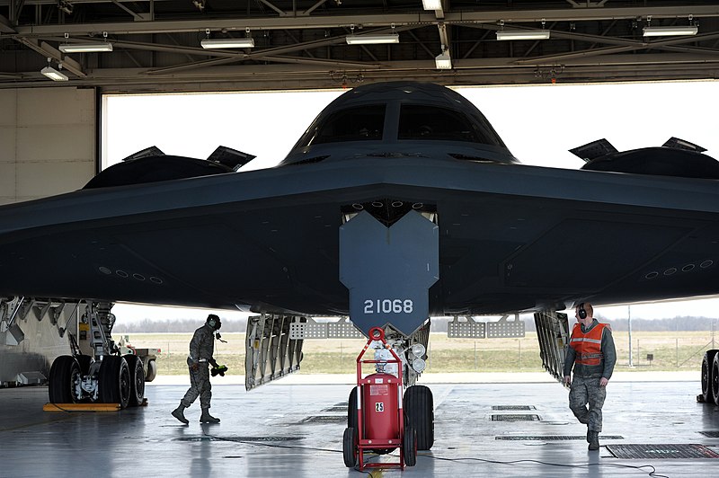 File:U.S. Air Force Airmen 1st Class Steven McCray, left, and James Fulton, crew chiefs with the 13th Aircraft Maintenance Unit, perform preflight checks on a B-2 Spirit aircraft at Whiteman Air Force Base, Mo 130405-F-EA289-066.jpg