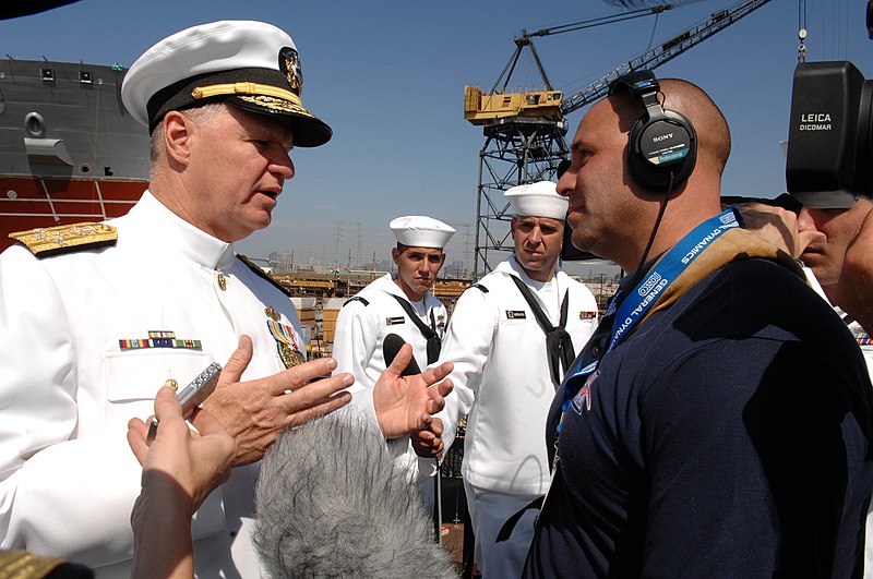 File:US Navy 080918-N-8273J-187 Chief of Naval Operations (CNO) Adm. Gary Roughead speaks with media at the conclusion of the christening and launch ceremony of USNS Carl Brashear (T-AKE 7) at General Dynamics NASSCO shipyard.jpg