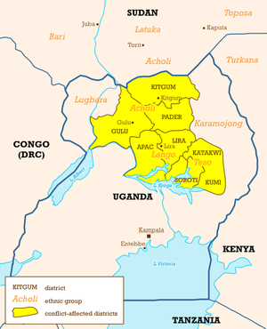 Раёны Паўночнай Уганды, дзе дзейнічаюць партызаны.