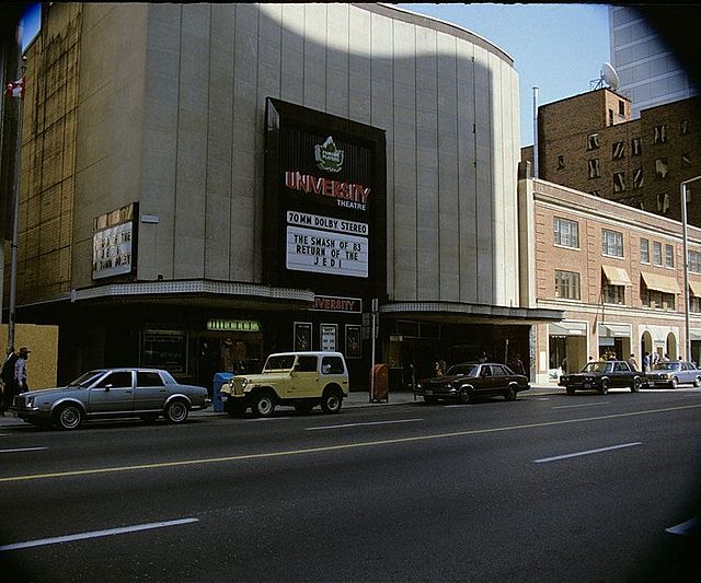 Return of the Jedi showing at the University Theatre in Toronto; the marquee reads, "The Smash of 83".