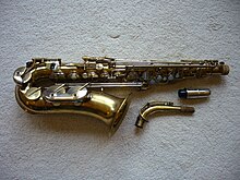 'Vedette' alto Saxophone - a "stencil" of the 'New King' Series IV made by Keilwerth circa 1968. Has straight tone-holes (not rolled) and is in two-tone finish i.e. nickel-plated keys on a lacquered body VedetteAltoSaxophone.jpg