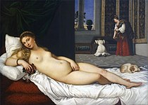 Titian Venus of Urbino (1538): Example of Recumbent Goddess Venus de Urbino, por Tiziano.jpg