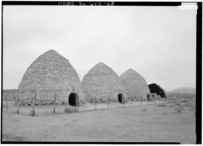 File:View from south of four kilns - Piedmont Charcoal Kilns, Fort Bridger vicinity, Piedmont, Uinta County, WY HABS WYO,21-PIED,1-2.tif