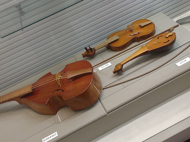 Viol, fidel and rebec (from left to right) on display at Amakusa Korejiyokan in Amakusa, Kumamoto, Japan