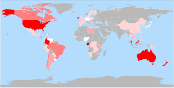 Percentage of population receiving fluoridated water, including both artificial and natural fluoridation, as of 2012:
.mw-parser-output .div-col{margin-top:0.3em;column-width:30em}.mw-parser-output .div-col-small{font-size:90%}.mw-parser-output .div-col-rules{column-rule:1px solid #aaa}.mw-parser-output .div-col dl,.mw-parser-output .div-col ol,.mw-parser-output .div-col ul{margin-top:0}.mw-parser-output .div-col li,.mw-parser-output .div-col dd{page-break-inside:avoid;break-inside:avoid-column}
.mw-parser-output .legend{page-break-inside:avoid;break-inside:avoid-column}.mw-parser-output .legend-color{display:inline-block;min-width:1.25em;height:1.25em;line-height:1.25;margin:1px 0;text-align:center;border:1px solid black;background-color:transparent;color:black}.mw-parser-output .legend-text{}
80-100%
60-80%
40-60%
20-40%
1-20%
< 1%
unknown Water-fluoridation-extent-world-equirectangular.svg