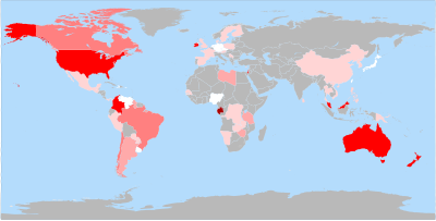 The world extent of water fluoridation. Water-fluoridation-extent-world-equirectangular.svg