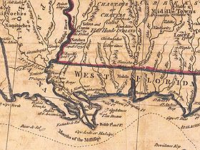 A Map of West Florida (bottom right), the U.S. (top right) and Louisiana (left), published in 1781, showing Mobile in the center of West Florida. West Florida and Louisiana in 1781.jpg