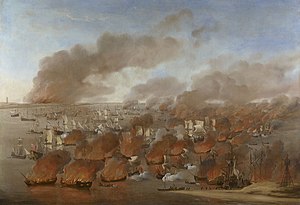 Willem van de Velde the Elder (1611-93) - 'Holmes's Bonfire', the burning of Dutch Merchant Ships between Terschelling and Vlieland, 19th August 1666 - RCIN 406560 - Royal Collection.jpg