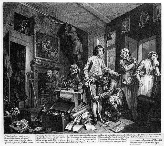 From William Hogarth's A Rake's Progress. "The Young Heir Takes Possession Of The Miser's Effects".