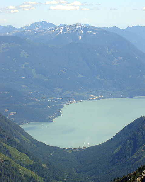 Britannia Beach as seen from above Woodfibre. The Mount Sheer and Jane Basin camps sat in the high valley in the upper left of the photo. Ore was brou