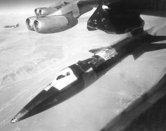 An X-15 pictured just after release from a B-52 carrier aircraft X-15 launched bw.jpg