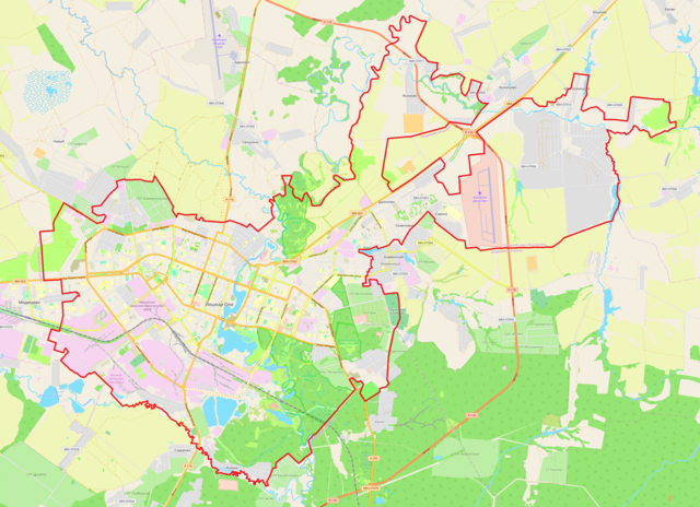 Mapa konturowa Joszkar-Oły, blisko centrum na lewo znajduje się punkt z opisem „Sobór Wniebowstąpienia Pańskiego”