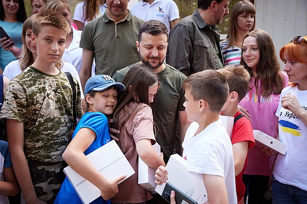 Ukrainian President Volodymyr Zelenskyy with in internally displaced people during the Russian invasion of Ukraine