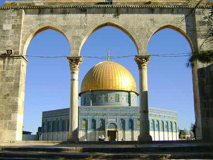 The Dome of the Rock, a shrine on the Temple Mount in the Old City of Jerusalem, covering the Foundation Stone which bears great significance for Muslims, Christians and Jews.