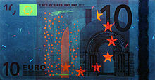 10-euroseddel under UV-lys (foran)